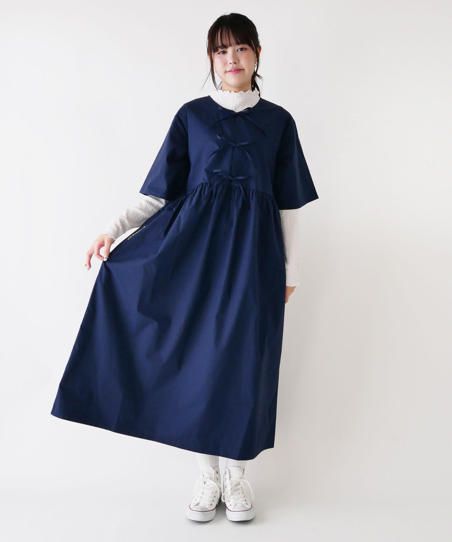 刺繍入りコットンブロード前リボンワンピース