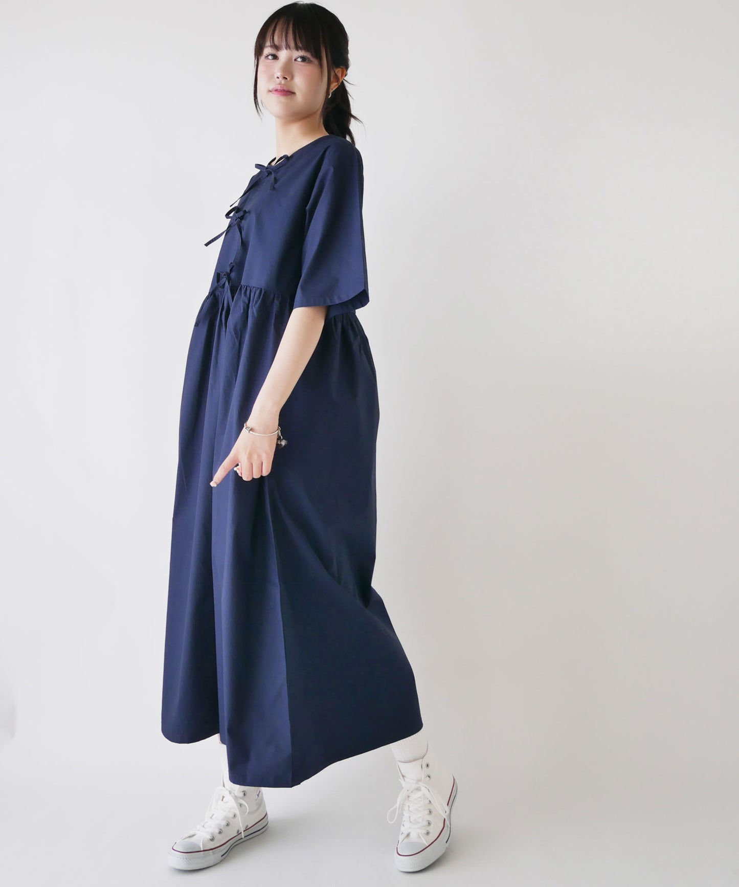 刺繍入りコットンブロード前リボンワンピース