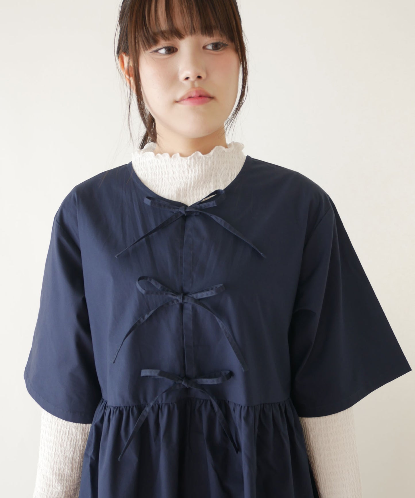 刺繍入りコットンブロード前リボンワンピース