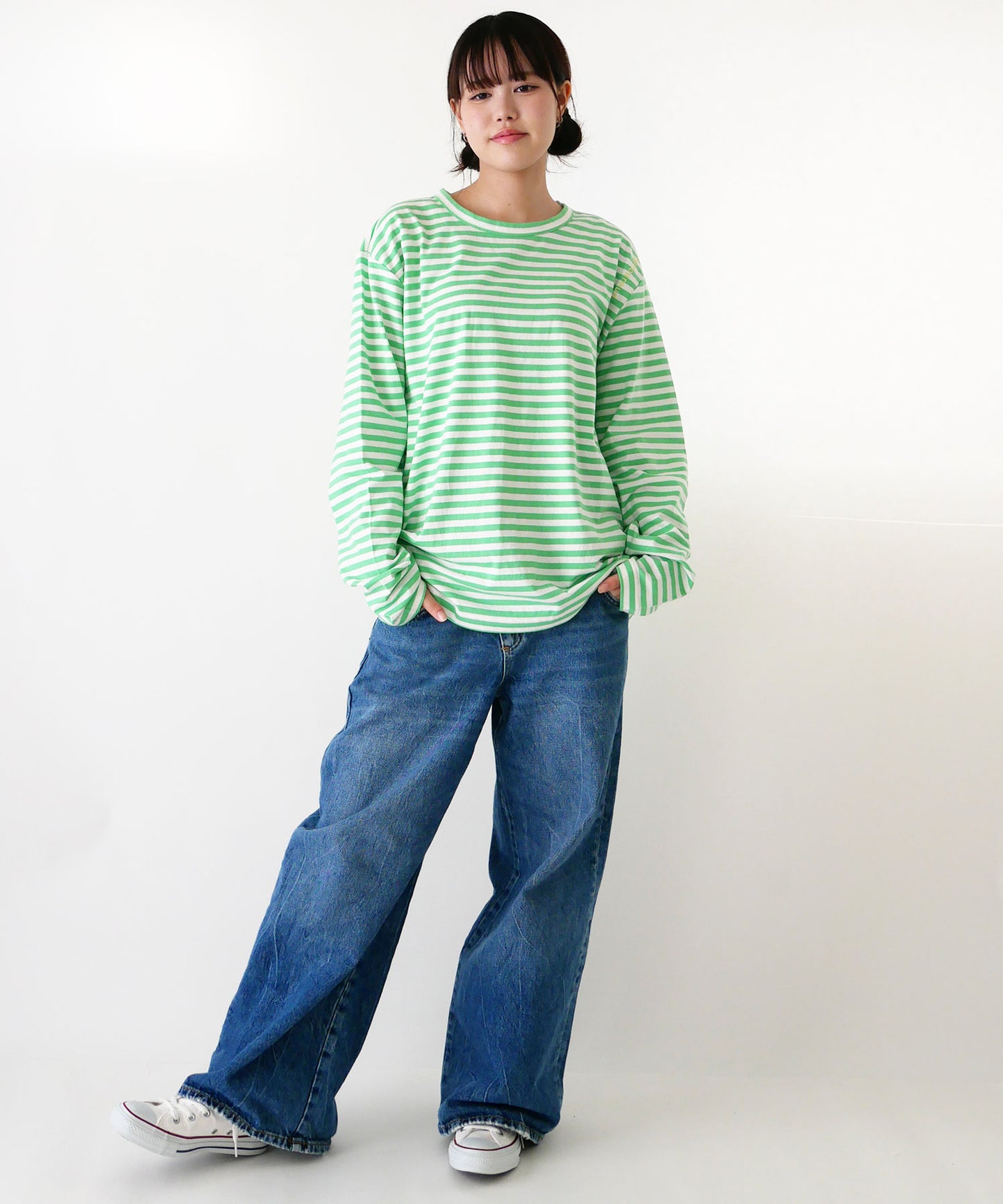 刺繍入り天竺ボーダー長袖Tシャツ(ユニセックス)