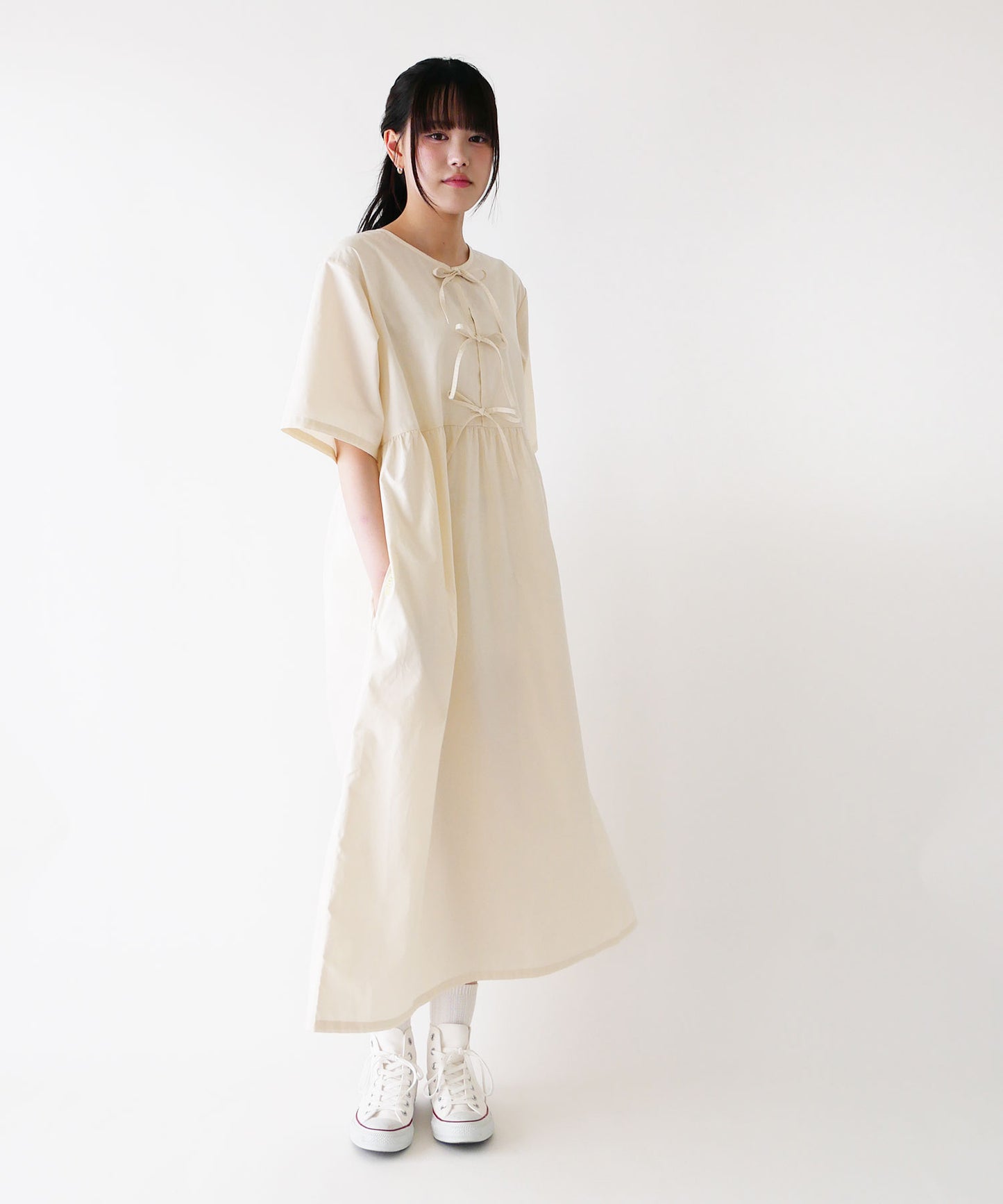 刺繍入りコットンブロード前リボンワンピース